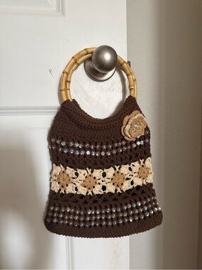 Lilu Brown Crochet Bag with Bamboo Handles and Cream Flower Accents